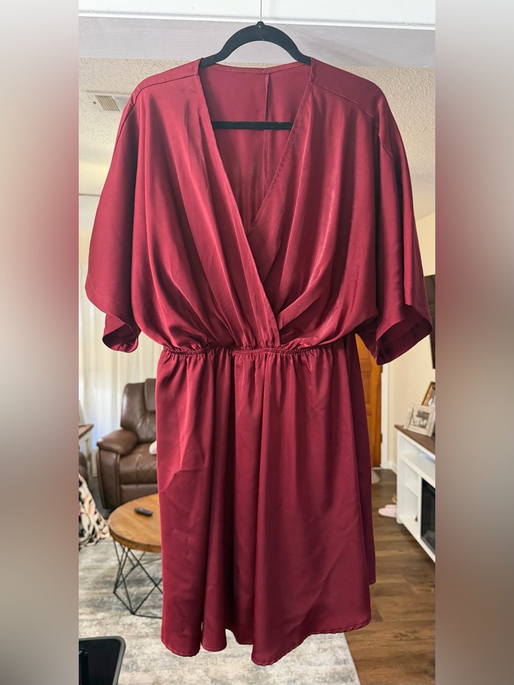 LYANER Burgundy Satin Wrap-Style Mini Dress🍷✨